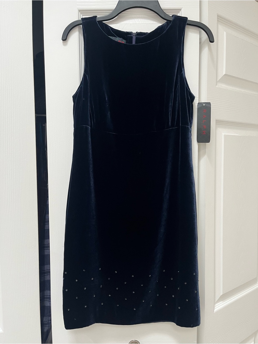 NWT DEADSTOCK Vintage 90s Ralph Lauren Dark Blue Silk Blend Velvet Studded Dress